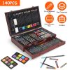 140Pcs Art Supplies With Colored Pencils Oil Pastels Crayons, Watercolor Cakes Brushes Sharpener Eraser In Elegant Wooden Box Professional Art Kit For