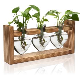 Plant Terrarium Propagation Station with 3 Heart Shaped Vases Wooden Stand Desktop Air Planter Bulb Glass Vase for Hydroponics Home Office Decor Gift