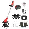 21V Electric Cordless Tiller Cultivator Powered Garden Tiller with 4 Blades 16 Steel Tines 550W 300RPM 4000mAh Battery Tilling 9-in Width & 9-in Depth