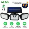 Solar Wall Lamp 74 LEDs 3 Adjustable Head Motion Sensor Flood Light IP65 Waterproof Security Light Outdoor 270° Wide Angle Light For Garage Front Door