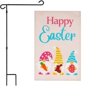 Combo Pack Garden Flag Stand Black 36x16 in & Garden Flag Happy Easter Decoration Three Gnomes with Carrot Chocolate Bunny Egg 12x18 inch Double-Sided