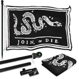 Combo Pack Flag Pole 6 FT Black Tangle Free & Join or Die Black Flag 3x5ft 150D Printed Polyester