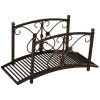 3.3FT Metal Zen Garden Bridge, Decorative Arch, Safety Siderails, Floral Scrollwork, Brown