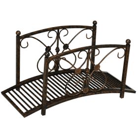 3.3FT Metal Zen Garden Bridge, Decorative Arch, Safety Siderails, Floral Scrollwork, Brown