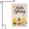 Combo Pack Garden Flag Stand Black 36x16 in & Garden Flag Hello Spring Decoration Three Bee Gnomes 12x18 inch Double-Sided Burlap Fabric