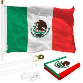 Combo Pack 6 Ft Tangle Free Spinning Flagpole White Mexico Mexican Flag 3x5 ft Printed 150D Brass Grommets (Flag Included) Aluminum Flag Pole