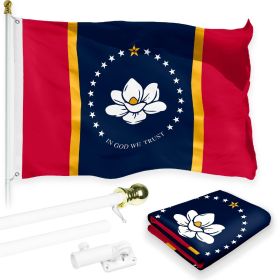 Combo Pack 6 Ft Tangle Free Spinning Flagpole White Mississippi MS State Flag 3x5 ft Printed 150D Brass Grommets (Flag Included) Aluminum Flag Pole