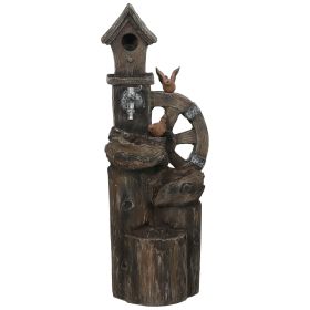 2-in-1 Outdoor Water Fountain with Birdhouse, Outdoor Waterfall Fountain with LED Lights Pump, Tree Trunk Outdoor Water Feature, Resin Garden Fountain