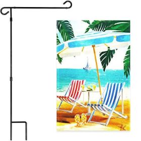 Combo Pack Garden Flag Stand Black 36x16 Inch & Garden Flag Beach Summer with Chairs Umbrella 12x18 Inch