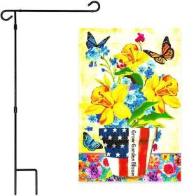 Combo Pack Garden Flag Stand Black 36x16 Inch & Garden Flag Garden Spring Bloom USA Flower Pot with Butterflies 12x18 Inch
