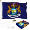 Combo Pack 6 Ft Tangle Free Spinning Flagpole White Michigan MI State Flag 3x5 ft Printed 150D Brass Grommets (Flag Included) Aluminum Flag Pole