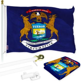 Combo Pack 6 Ft Tangle Free Spinning Flagpole White Michigan MI State Flag 3x5 ft Printed 150D Brass Grommets (Flag Included) Aluminum Flag Pole