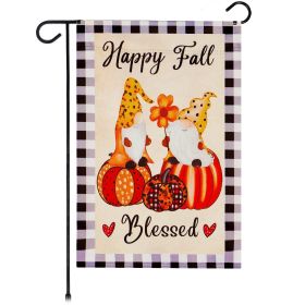 Garden Flag Happy Fall Blessed Two Gnomes Sitting on Pumpkins 12x18 inch Blockout Fabric Double Sided