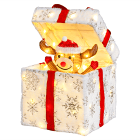 12in Motorized Pop-up Gift Box with Reindeer, Outdoor Christmas Decorations with Motor & 60 LED Lights