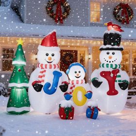 8FT Lighted Christmas Inflatable Decoration, Inflatable Snowman Family with JOY and Xmas Tree