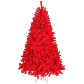 6 FT Artificial Christmas Tree, Unlit Hinged Christmas Pine Tree with 800 Branch Tips and Sturdy Metal Stand, Red