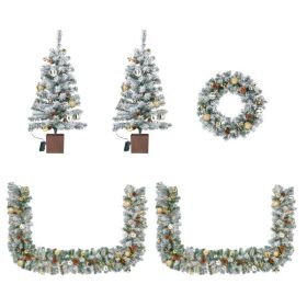 Pre-lit Holiday Christmas 4-Piece Set, Christmas Garland, Wreath and Set of 2 Entrance Trees with Warm White LED Lights and Remote Control