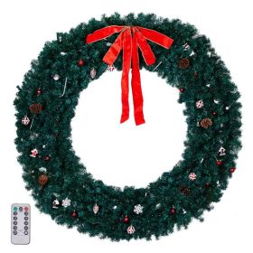 72in Pre-lit Christmas Wreath, Lighted Artificial Xmas Wreath with 300 Warm White Lights and 1200 PVC Tips and DIY Ornaments
