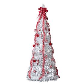 6 FT Fully Decorated Pre-lit Christmas Tree, Pop Up Artificial Xmas Tree with 100 Warm Lights and Red Ornaments for Home Office Store Holiday Deco