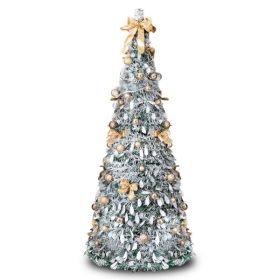 7 FT Snow Flocked Pre-lit Artificial Pop Up Christmas Tree with 170 Warm Lights and Golden Ornaments for Home Office Store Holiday Deco, Snowy Green