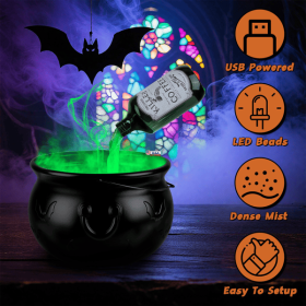 Halloween Floating Potion Bottle Decor with Witch Cauldron - 2-in-1 USB-Powered Green Mist Maker & 4 LED Lights, IPX8 Waterproof