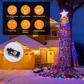 1Pc 11.48FT 350LED Multicolored Christmas Star Waterfall Tree String Light Indoor Outdoor Waterproof String Lights With Star Topper 8 Light Modes Memo