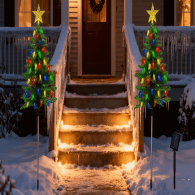 2Pack Solar Christmas Tree Lights 37.4in - 100 LED 4 Colors 8 Modes, IP44 Waterproof Outdoor Pathway Decor with Ornaments