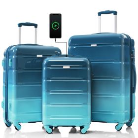 Luggage Set of 3, 20-inch with USB Port, Airline Certified Carry-on Luggage , ABS+PC Hard Shell Luggage with Spinner Wheels,blue