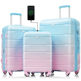 Luggage Set of 3, 20-inch with USB Port, Airline Certified Carry-on Luggage , ABS+PC Hard Shell Luggage with Spinner Wheels, light blue and pink