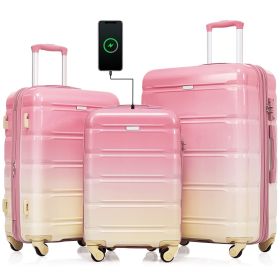 Luggage Set of 3, 20-inch with USB Port, Airline Certified Carry-on Luggage , ABS+PC Hard Shell Luggage with Spinner Wheels,pink