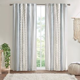 Cotton Printed Curtain Panel with Chenille Stripe and Lining White/Navy 50x84"
