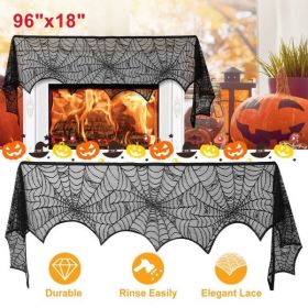 2PCS Halloween Mantle Scarf (96"x18") - Black Lace with Spider Web, Spider & Bat Design, Soft Anti-Crease Fabric - Perfect for Fireplace