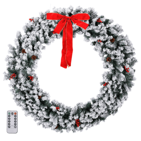 60in Pre-lit Snow Flocked Christmas Wreath, Lighted Artificial Xmas Wreath with 220 Warm White Lights and 600 PVC Tips and DIY Ornaments