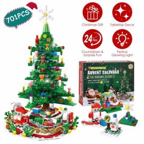 Christmas Tree Building Toy - 701 Pcs with 24-Day Countdown Calendar, 30 LED Warm Lights (USB Powered) - Santa, Ornaments