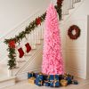 7.5 FT Hinged Christmas Tree, Artificial Pencil Christmas Tree, Unlit Artificial Christmas Pine Tree with 1075 Branch Tips and Sturdy Stand, Pink