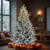 7 FT Pre-lit Snow Flocked Christmas Tree, Artificial Hinged Xmas Pine Tree with 1100 Branch Tips, 400 Lights for Holiday Party Office Home