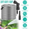 25FT/50FT/100FT Heavy Duty Stainless Steel Garden Hose Garden Watering Kit Metal Water Hose with 2 Nozzles 12 Patterns Flexible Extendable Kink Tangle