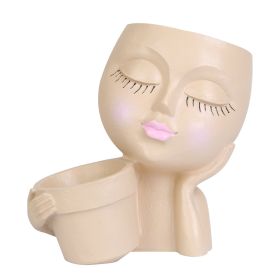Girl Face Planter Pot Dual Opening Flower Pot With Drainage Hole Lady Head Resin Plant Pot For Succulent Cactus Indoor Outdoor (Option: Khaki)