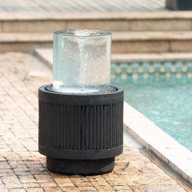 20x20x19.5" Heavy Cement Round Black Ribbed Outdoor Water Fountain with Light (Color Change) (Color: as Pic)