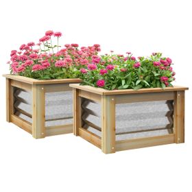 Outsunny Raised Garden Bed Set of 2, Outdoor Planter Box, Galvanized Metal Reinforced with Wood, Stock Tanks for Growing Flowers, Herbs and Vegetables (Color: as Pic)